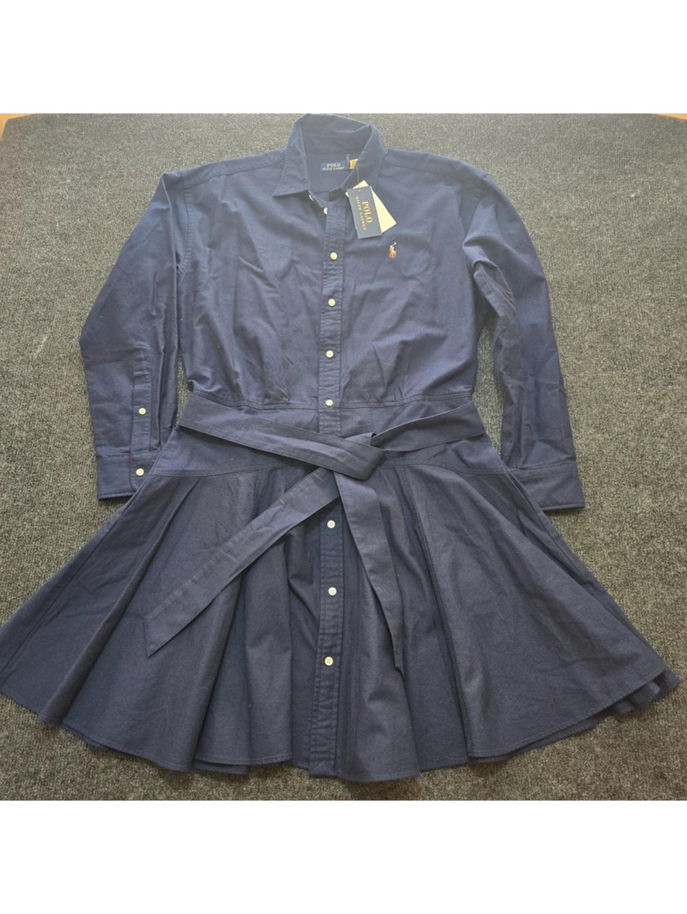 NWT Polo Ralph Lauren Pleated Cotton Shirtdress Navy Blue Mid Midi Size 10 $168